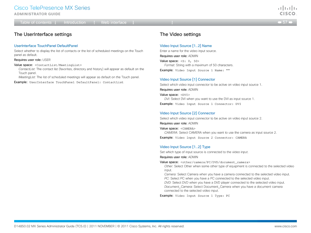 Cisco Systems CTSMX30055K9 manual UserInterface settings, Video settings 