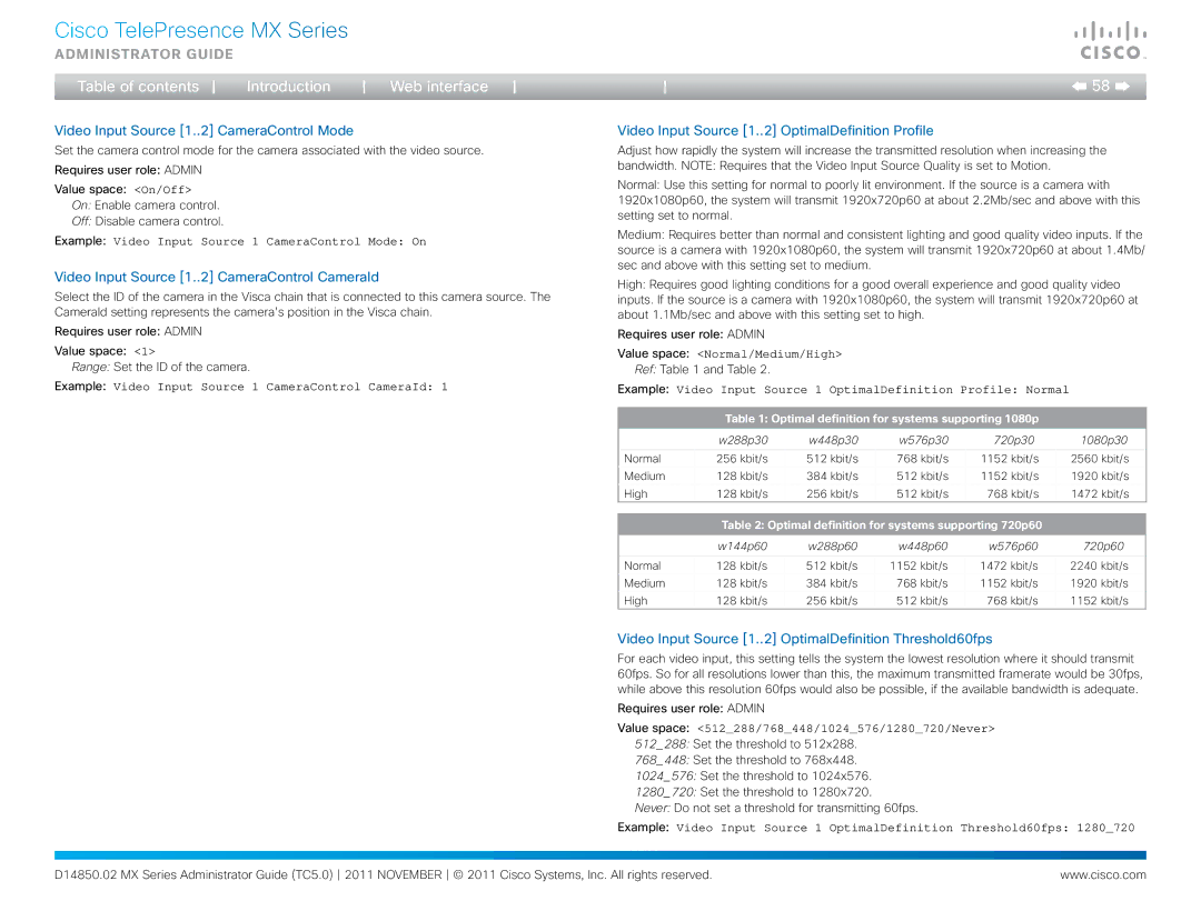 Cisco Systems CTSMX30055K9 Video Input Source 1..2 CameraControl Mode, Video Input Source 1..2 CameraControl CameraId 