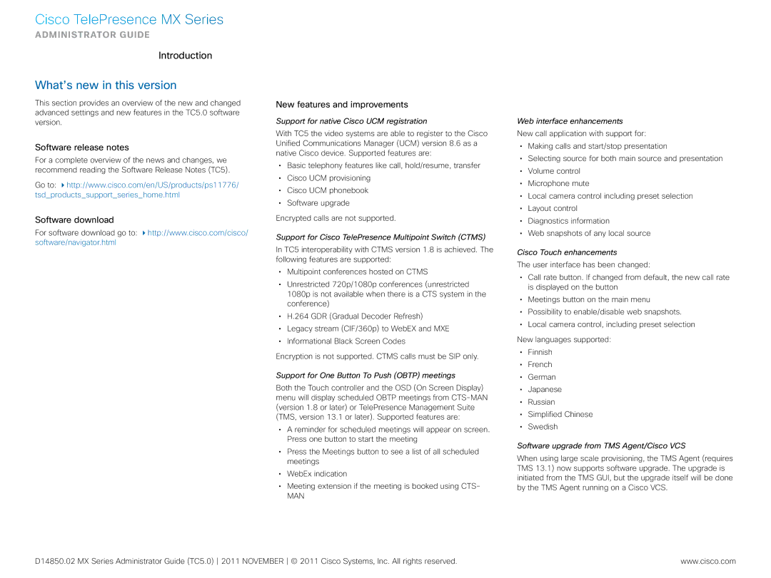 Cisco Systems CTSMX30055K9 manual What’s new­in this version, Software release notes 