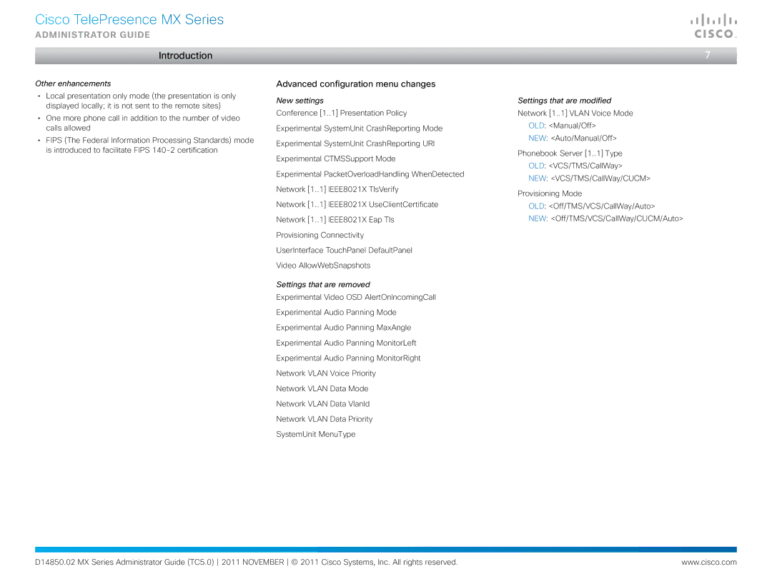 Cisco Systems CTSMX30055K9 manual Advanced configuration menu changes, Other enhancements 