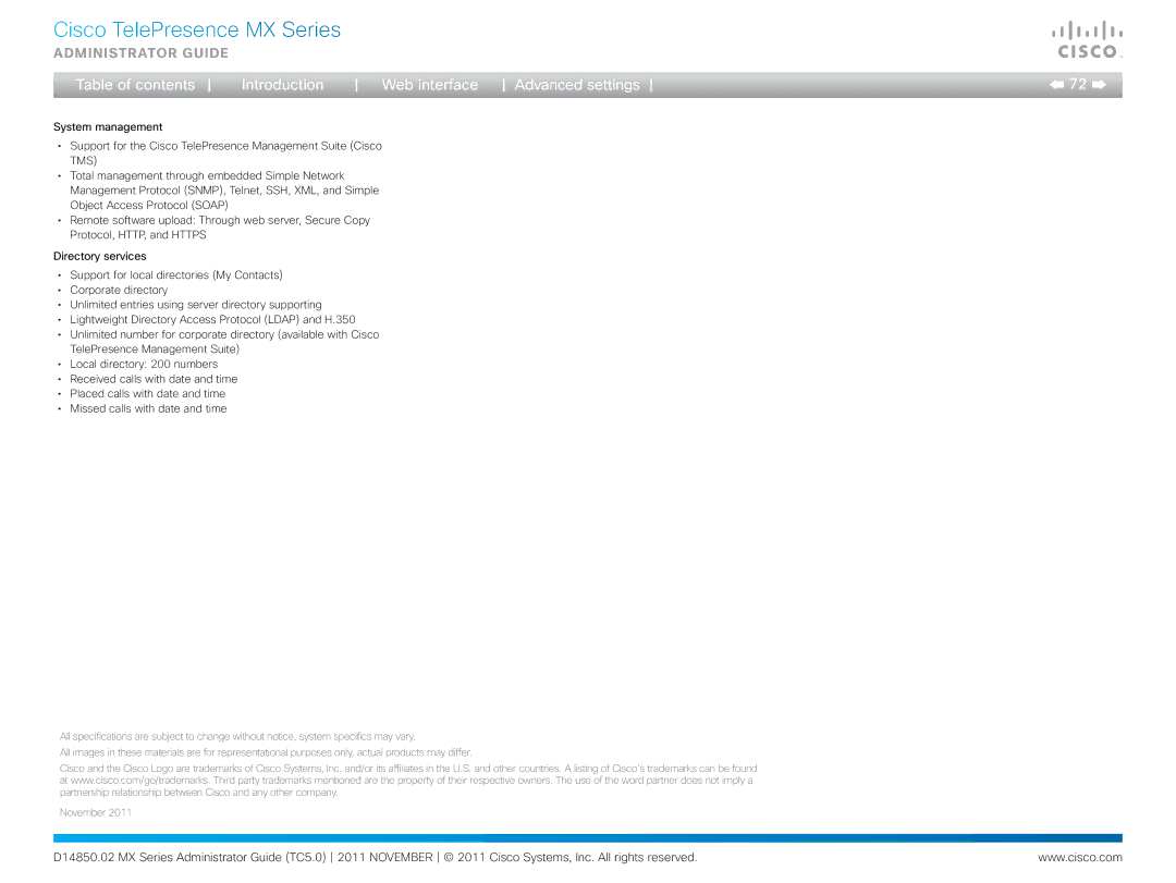 Cisco Systems CTSMX30055K9 manual Web interface Advanced settings 