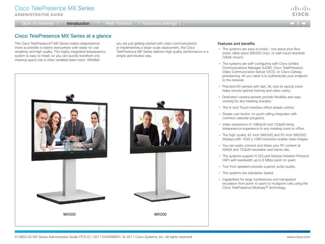 Cisco Systems CTSMX30055K9 manual Cisco TelePresence MX Series at a glance, Features and benefits 