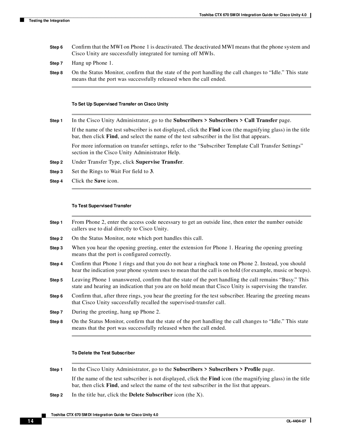 Cisco Systems CTX 670 manual To Set Up Supervised Transfer on Cisco Unity, To Test Supervised Transfer 