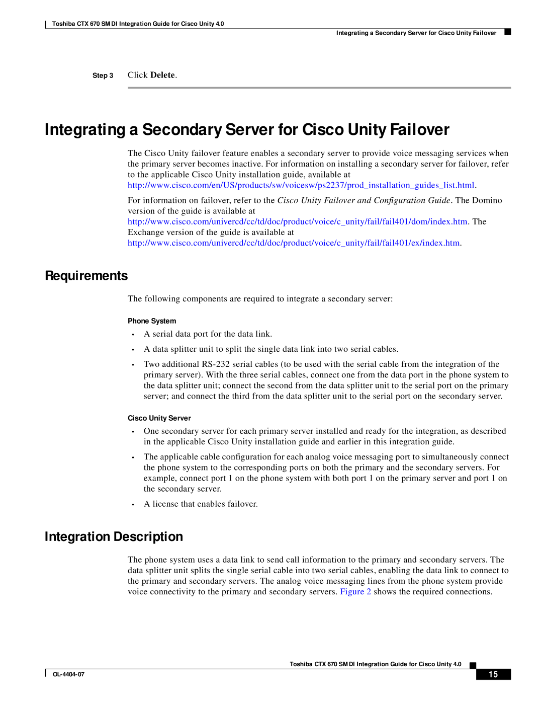 Cisco Systems CTX 670 manual Integrating a Secondary Server for Cisco Unity Failover, Requirements, Integration Description 