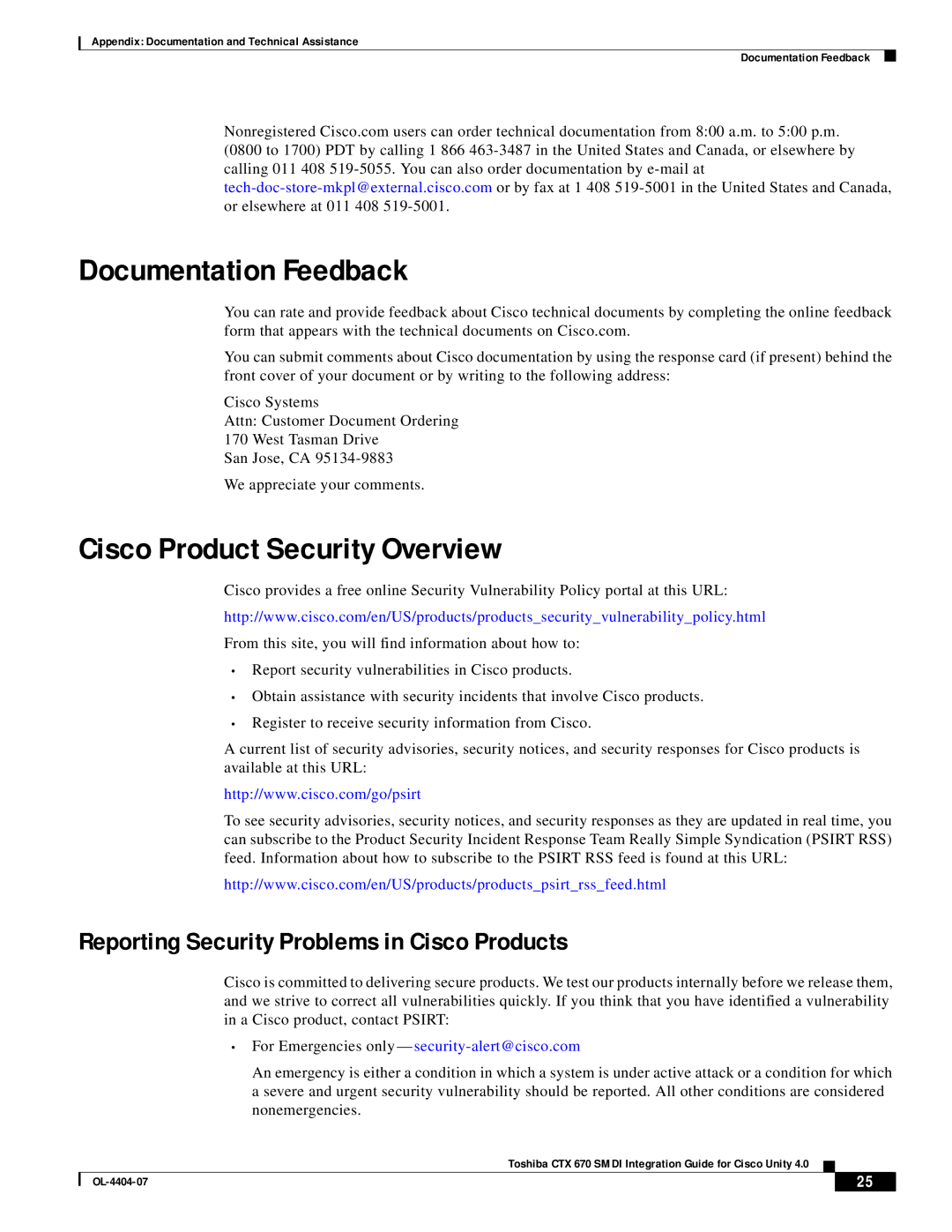 Cisco Systems CTX 670 manual Documentation Feedback, Cisco Product Security Overview 