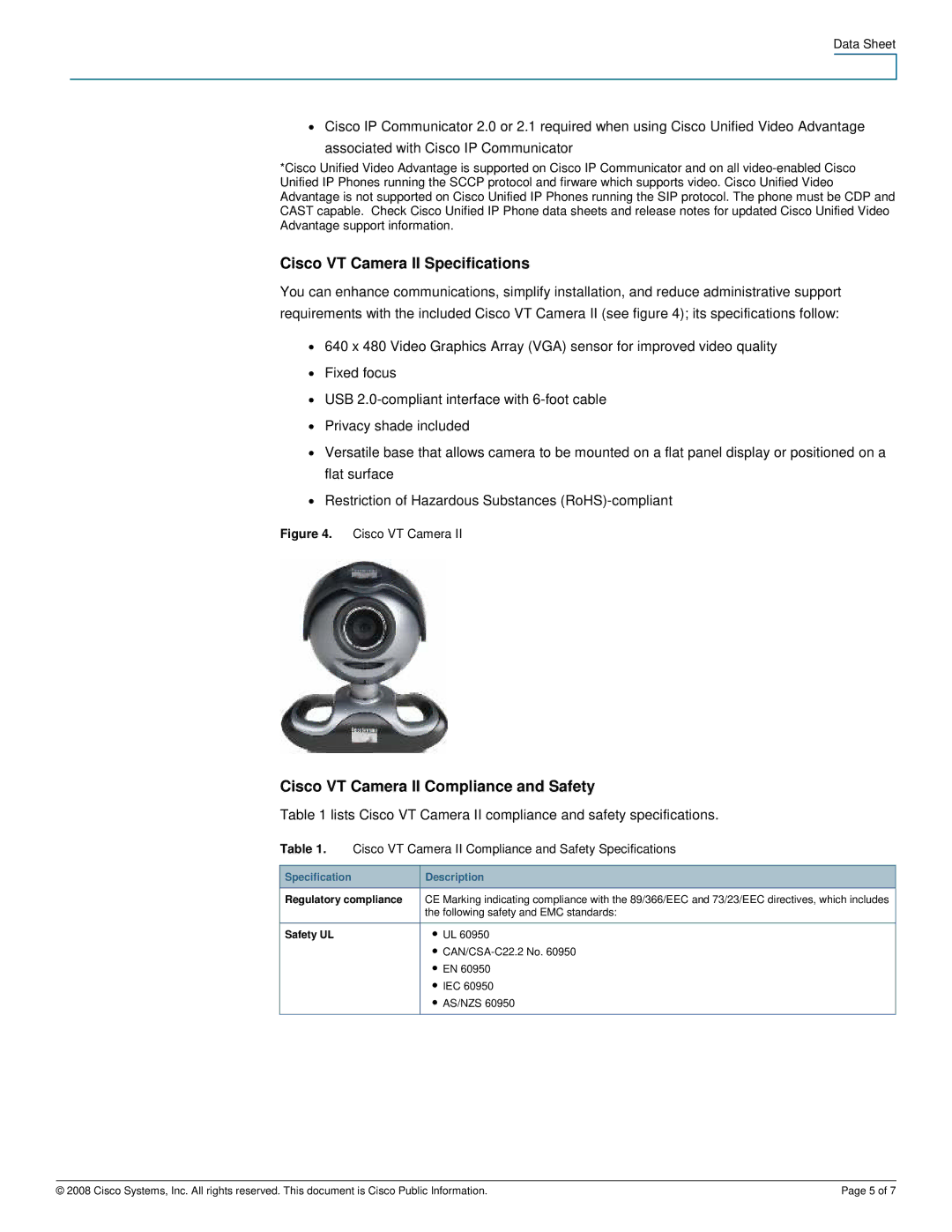 Cisco Systems CUVAV224BUN manual Cisco VT Camera II Specifications, Cisco VT Camera II Compliance and Safety 