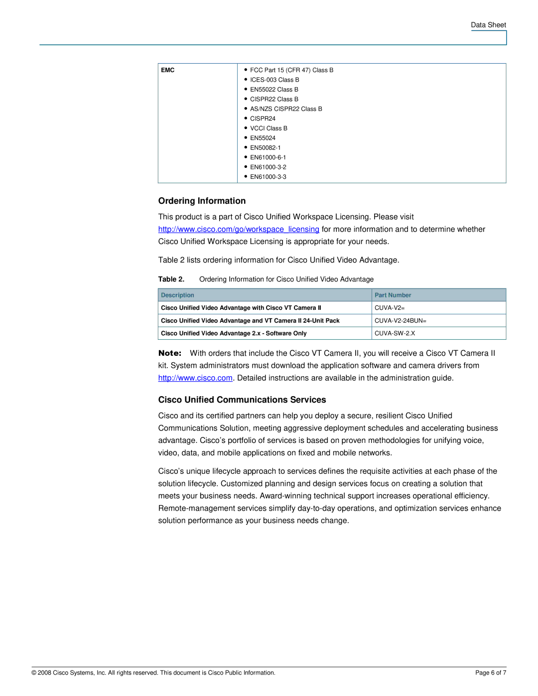 Cisco Systems CUVAV224BUN manual Ordering Information, Cisco Unified Communications Services 