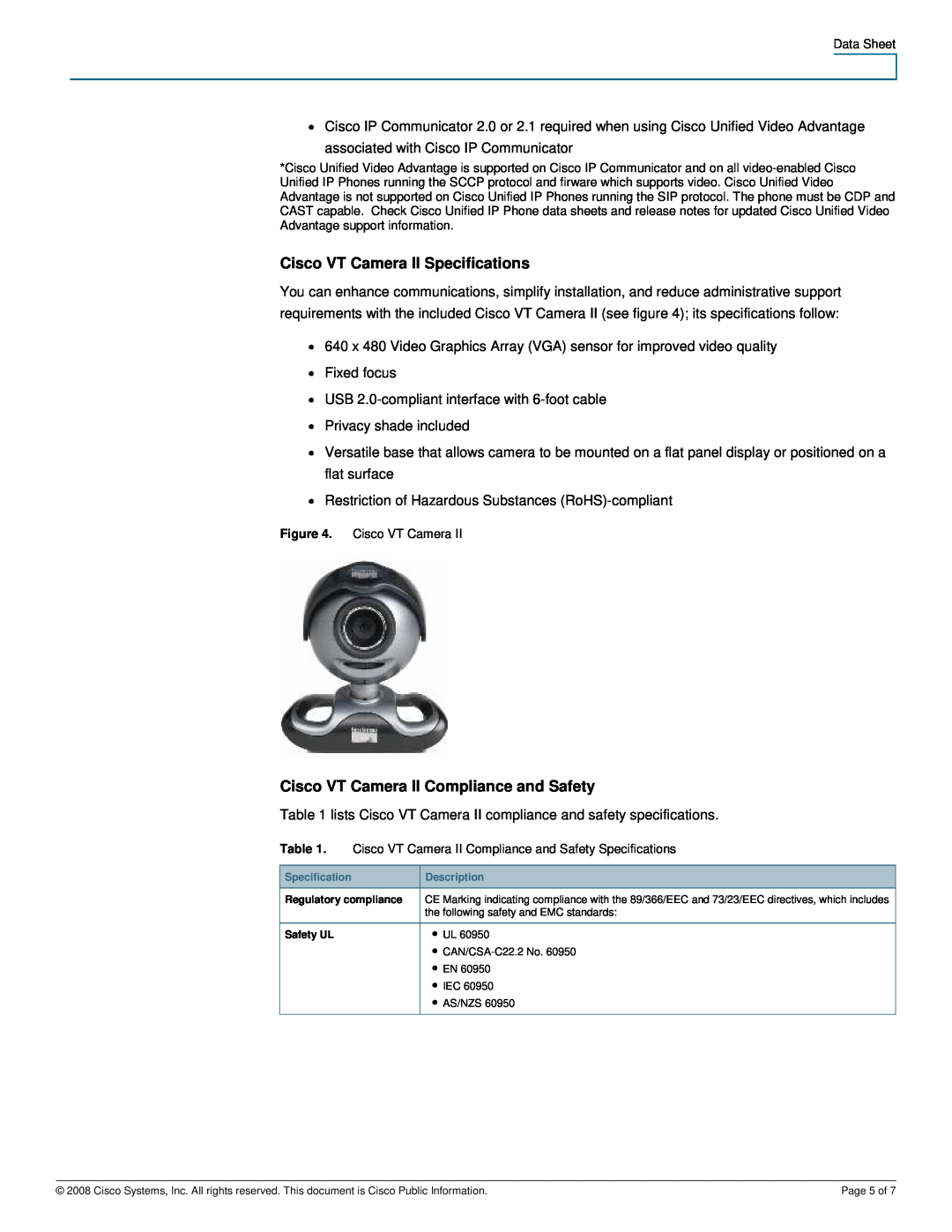 Cisco Systems CUVAV224BUN manual Cisco VT Camera II Specifications, Cisco VT Camera II Compliance and Safety 