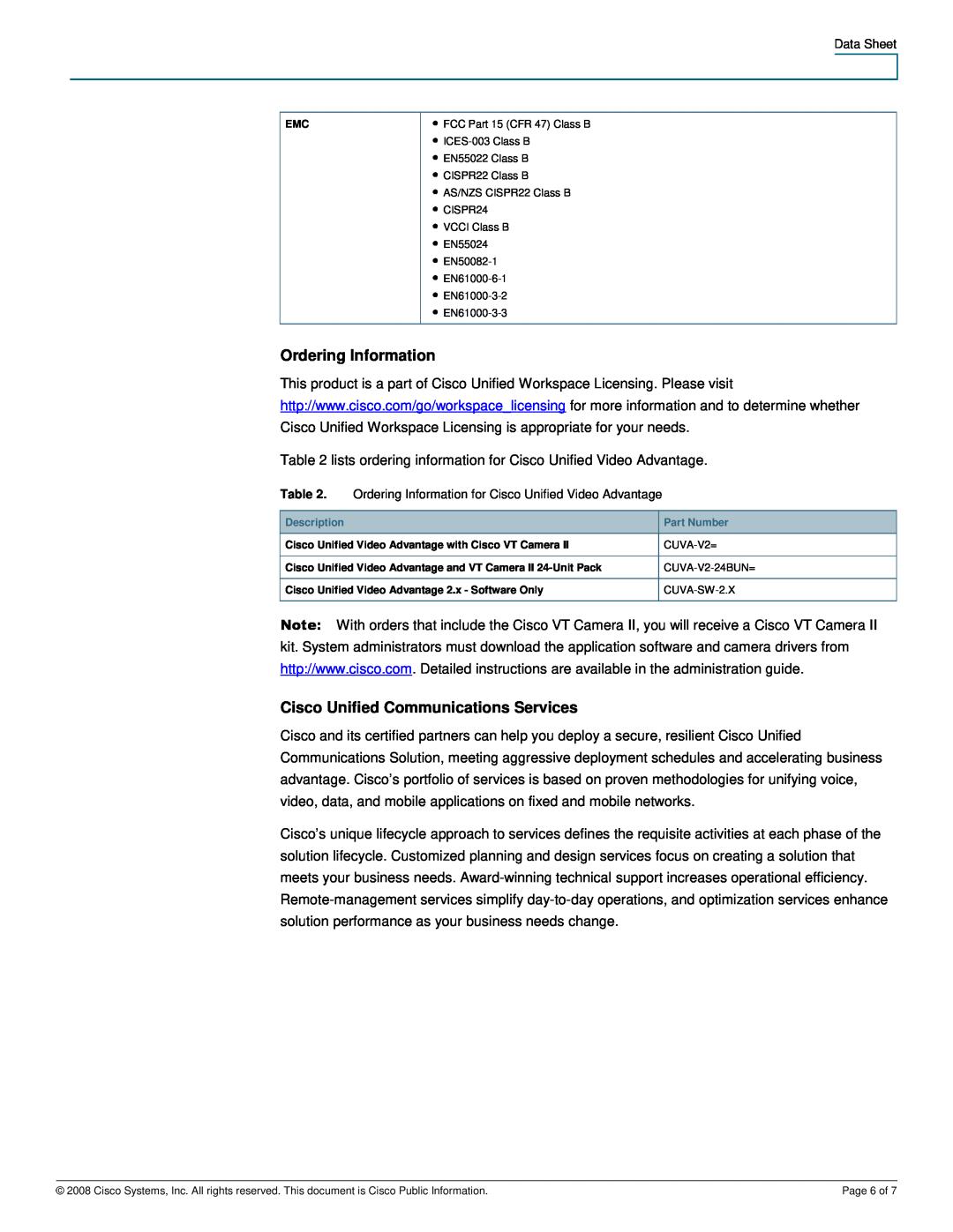 Cisco Systems CUVAV224BUN manual Ordering Information, Cisco Unified Communications Services 