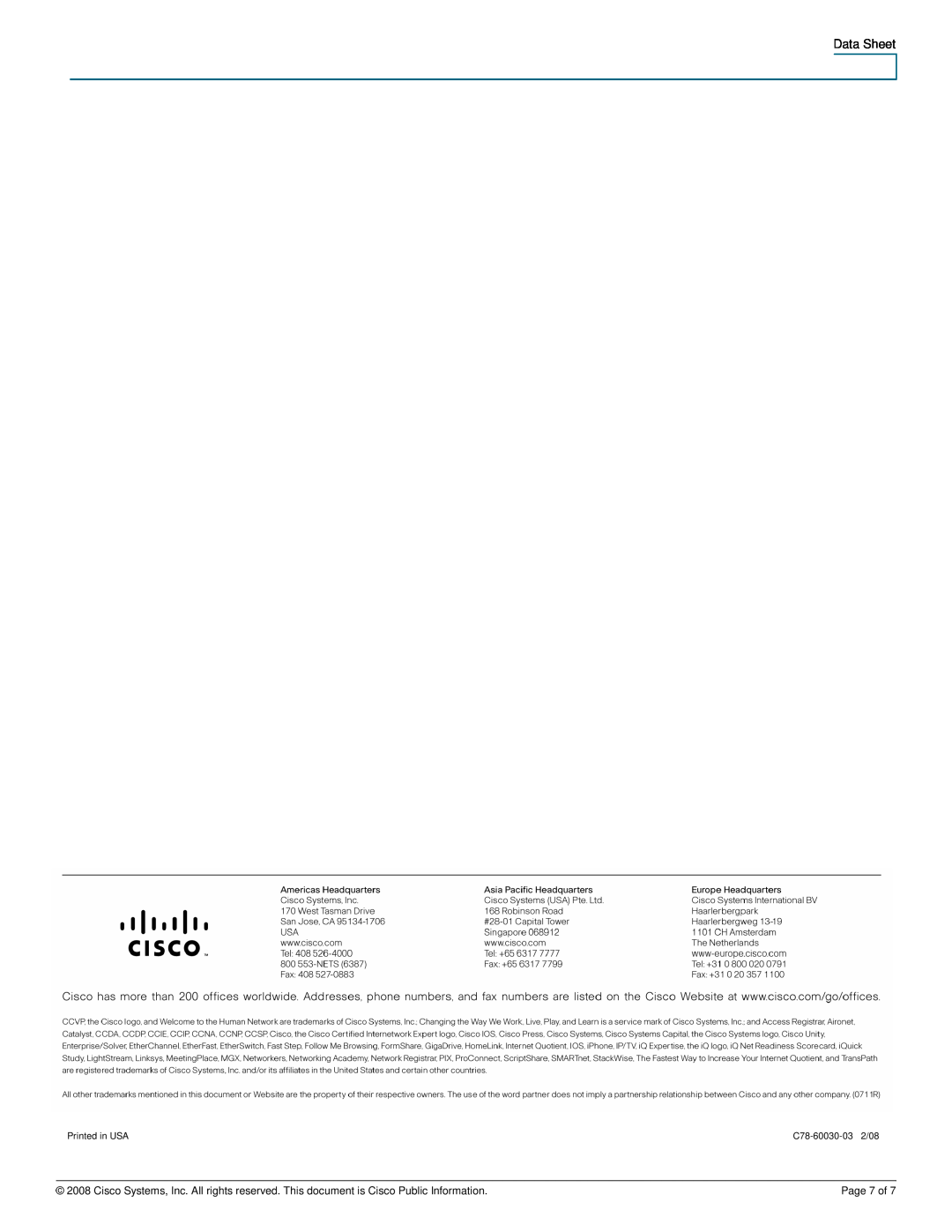 Cisco Systems CUVAV224BUN manual Data Sheet, Printed in USA, C78-60030-03 2/08, Page 7 of 