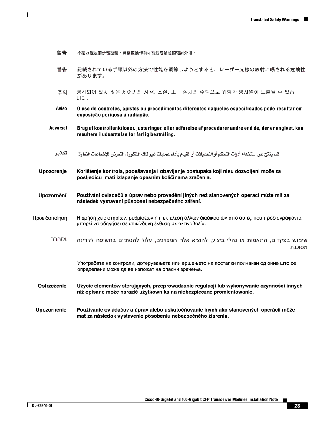 Cisco Systems CVR-CPR-4SFP10G CFP-40G-FR, CVR-CFP-4SFP10G, CFP-40G-SR4, CFP-100G-LR4, CFP-40G-LR4 Translated Safety Warnings 