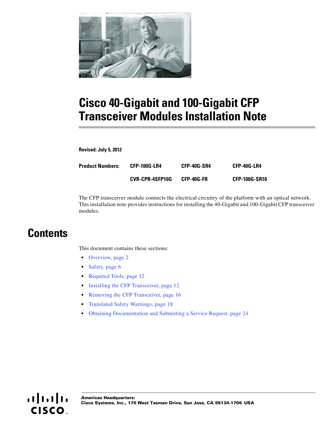 Cisco Systems CFP-40G-SR4 manual Contents, Cisco 40-Gigabit and 100-Gigabit CFP, Transceiver Modules Installation Note 