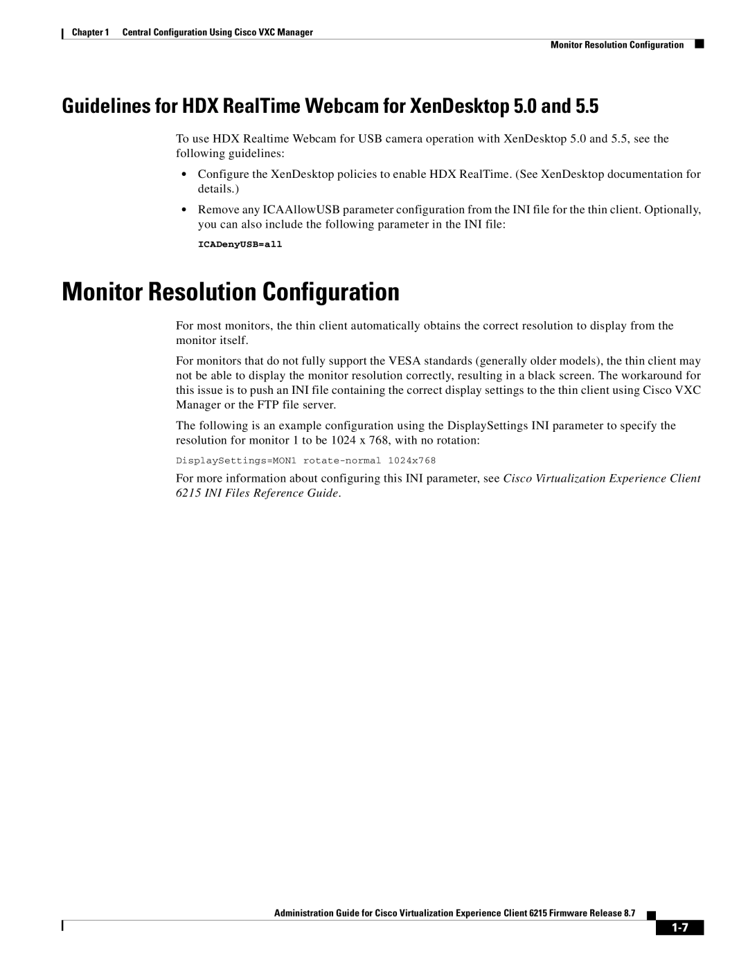 Cisco Systems CVXC6215SK9 manual Monitor Resolution Configuration, Guidelines for HDX RealTime Webcam for XenDesktop 5.0 