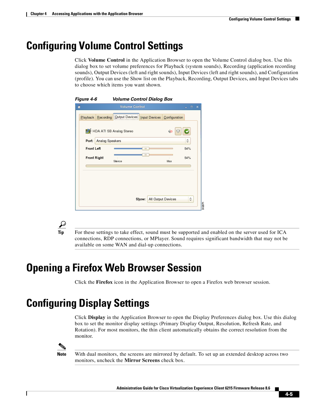 Cisco Systems CVXC6215SK9 manual Configuring Volume Control Settings, Opening a Firefox Web Browser Session 