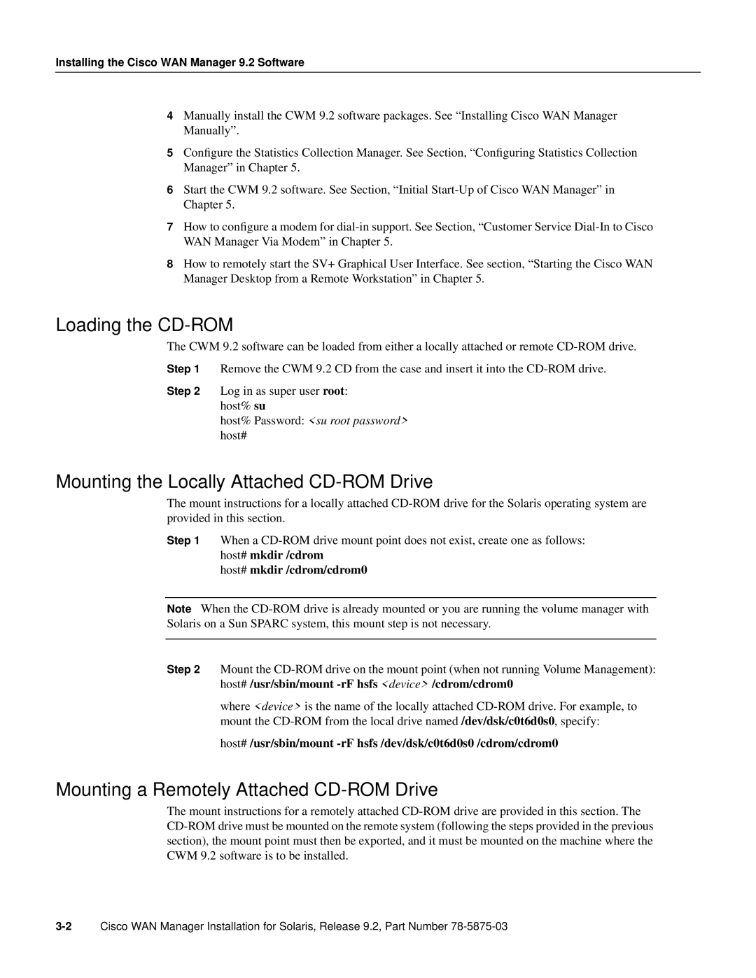 Cisco Systems CWM 9.2 appendix Loading the CD-ROM, Mounting the Locally Attached CD-ROM Drive, Host# mkdir /cdrom/cdrom0 