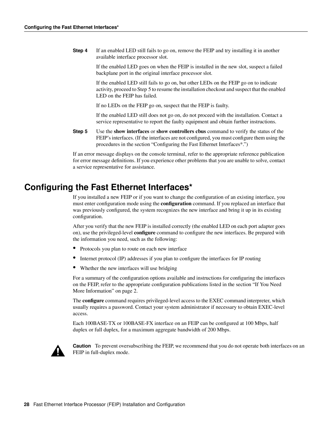 Cisco Systems CX-FEIP-1TX=, CX-FEIP-1FX=, CX-FEIP-2TX=, CX-FEIP-2FX= manual Conﬁguring the Fast Ethernet Interfaces 