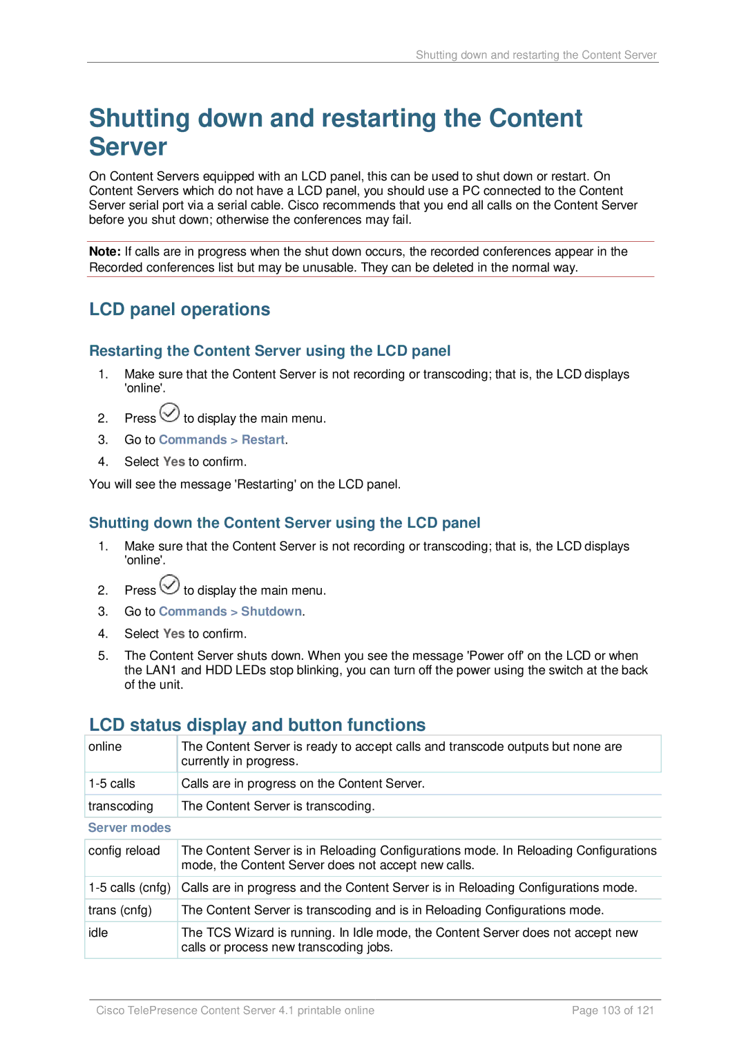 Cisco Systems D14595.03 manual Shutting down and restarting the Content Server, LCD panel operations 