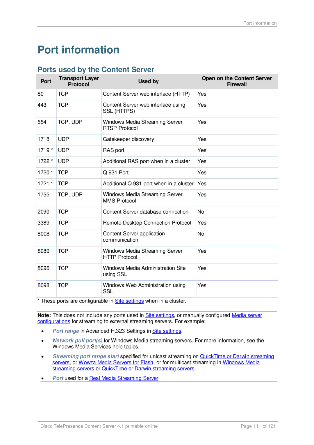 Cisco Systems D14595.03 Port information, Ports used by the Content Server, Port used for a Real Media Streaming Server 