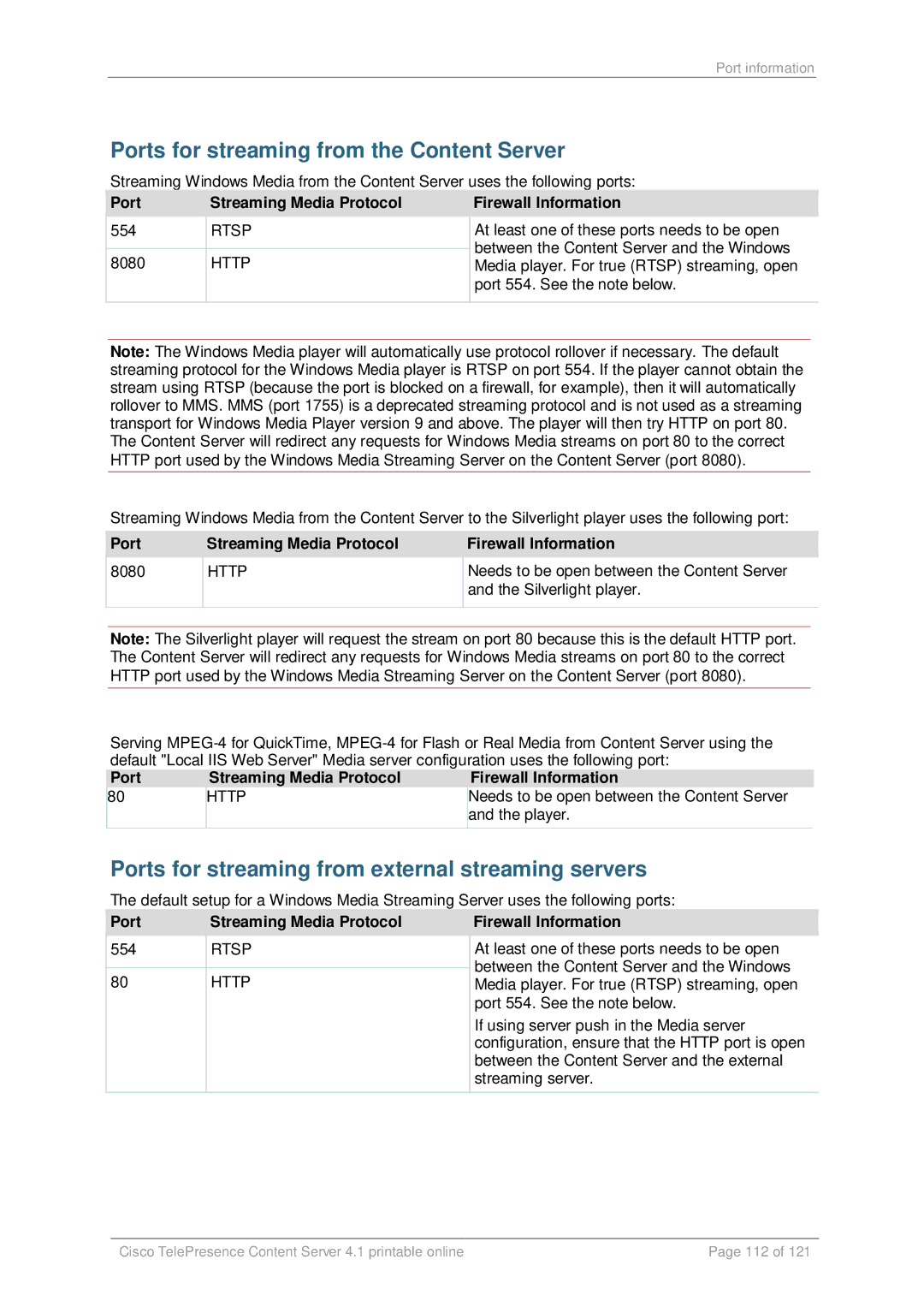 Cisco Systems D14595.03 Ports for streaming from the Content Server, Ports for streaming from external streaming servers 