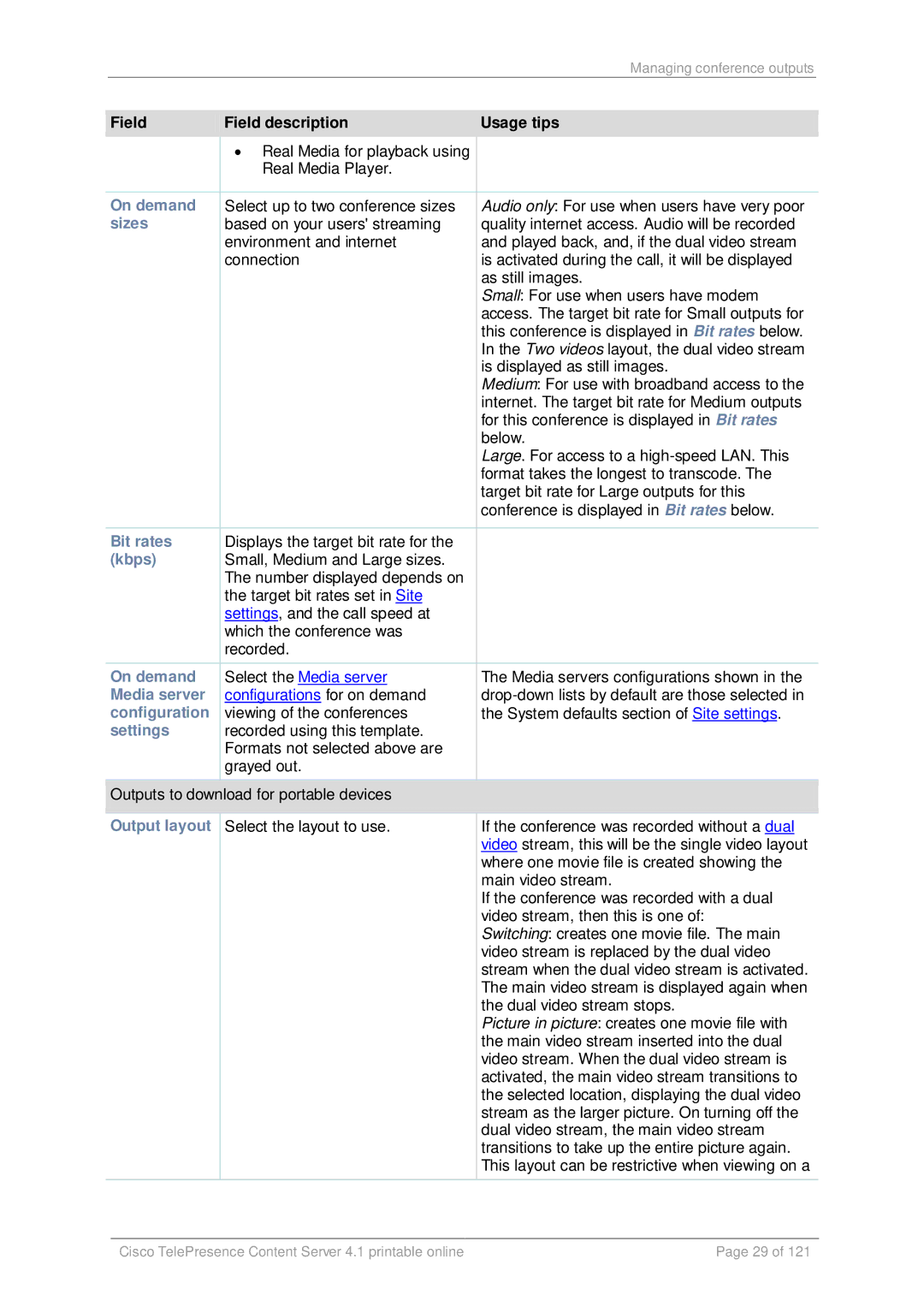 Cisco Systems D14595.03 manual Sizes, Bit rates, Media server, Configuration, Settings 