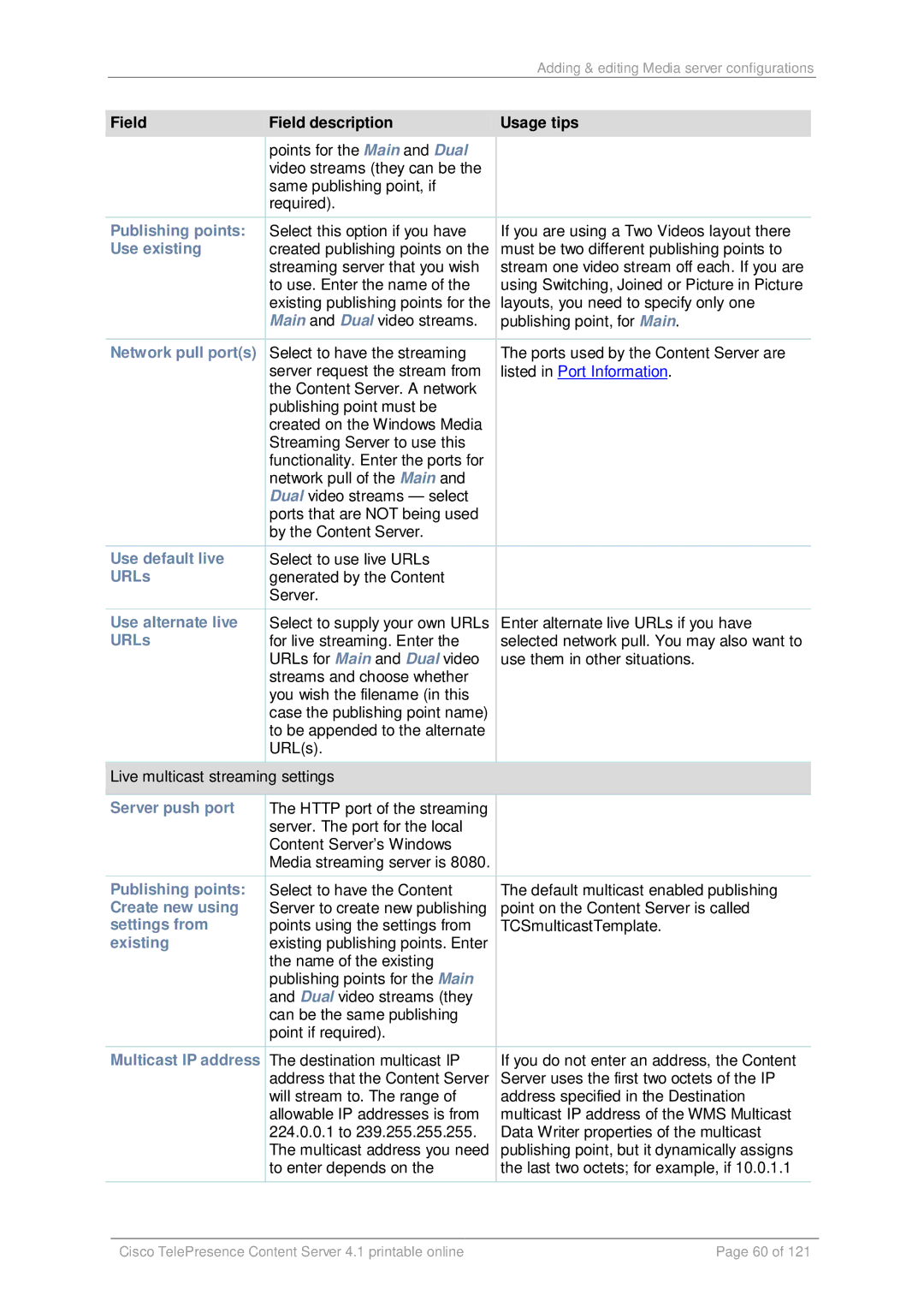 Cisco Systems D14595.03 Use existing, Network pull ports, Use default live, URLs, Use alternate live, Server push port 