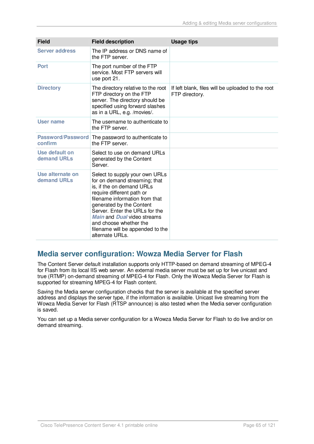 Cisco Systems D14595.03 manual Media server configuration Wowza Media Server for Flash, Port 