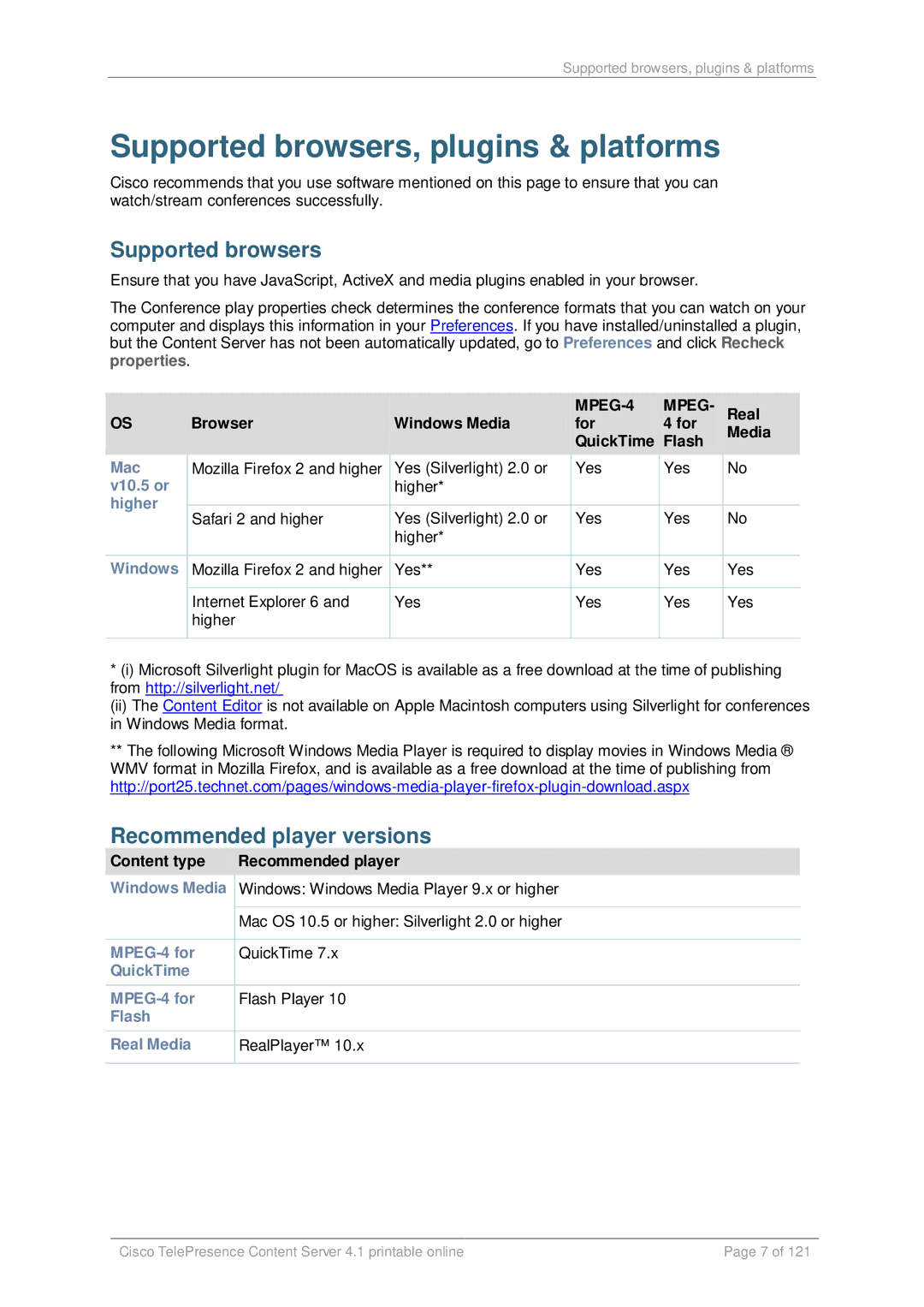 Cisco Systems D14595.03 manual Supported browsers, plugins & platforms, Recommended player versions 