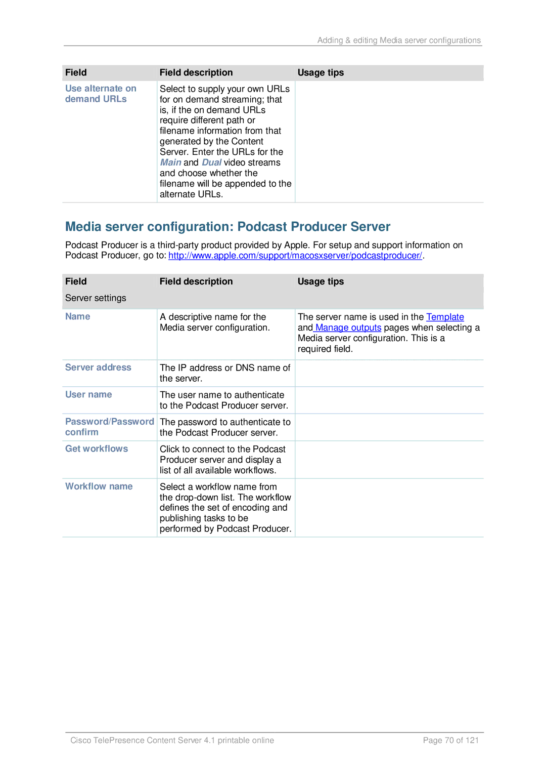 Cisco Systems D14595.03 manual Media server configuration Podcast Producer Server, Get workflows, Workflow name 