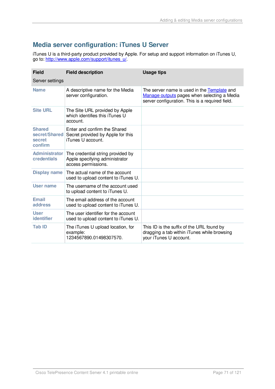 Cisco Systems D14595.03 manual Media server configuration iTunes U Server 