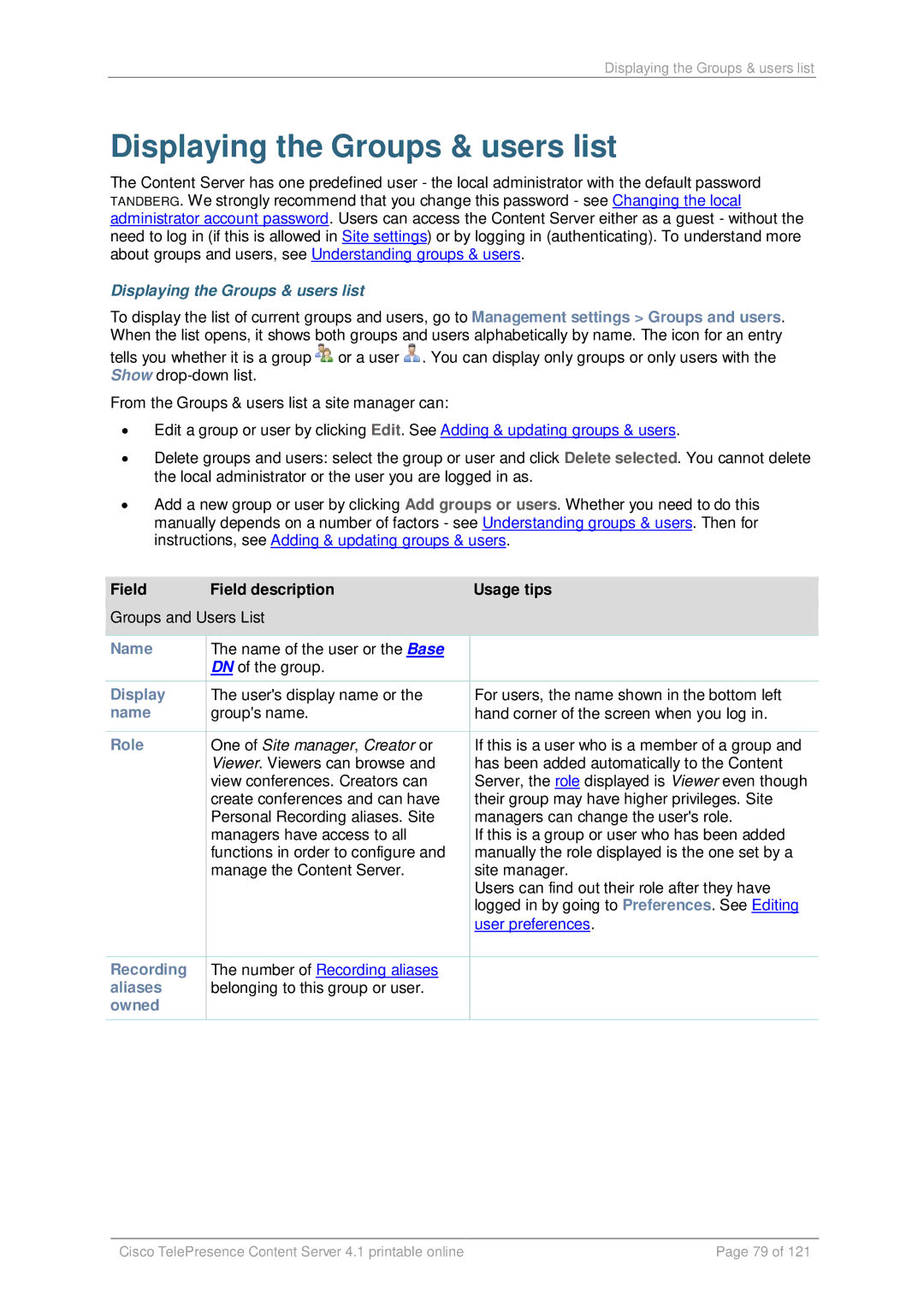 Cisco Systems D14595.03 manual Displaying the Groups & users list, Aliases, Owned 