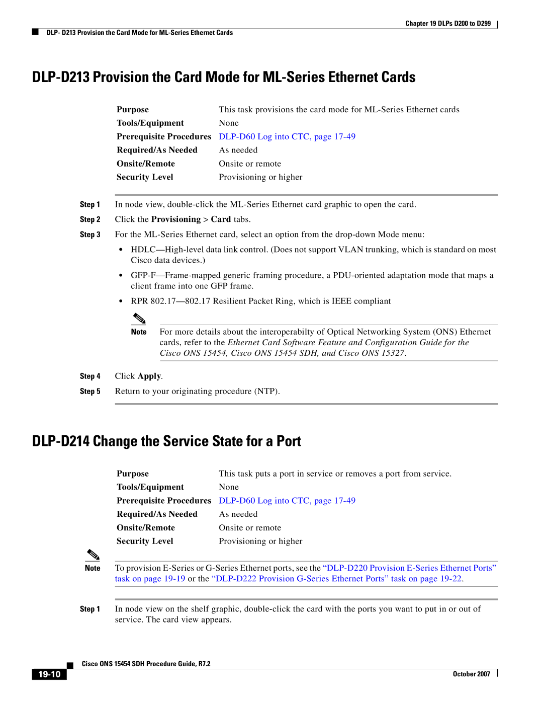 Cisco Systems D200 manual DLP-D214 Change the Service State for a Port, Click the Provisioning Card tabs, 19-10 