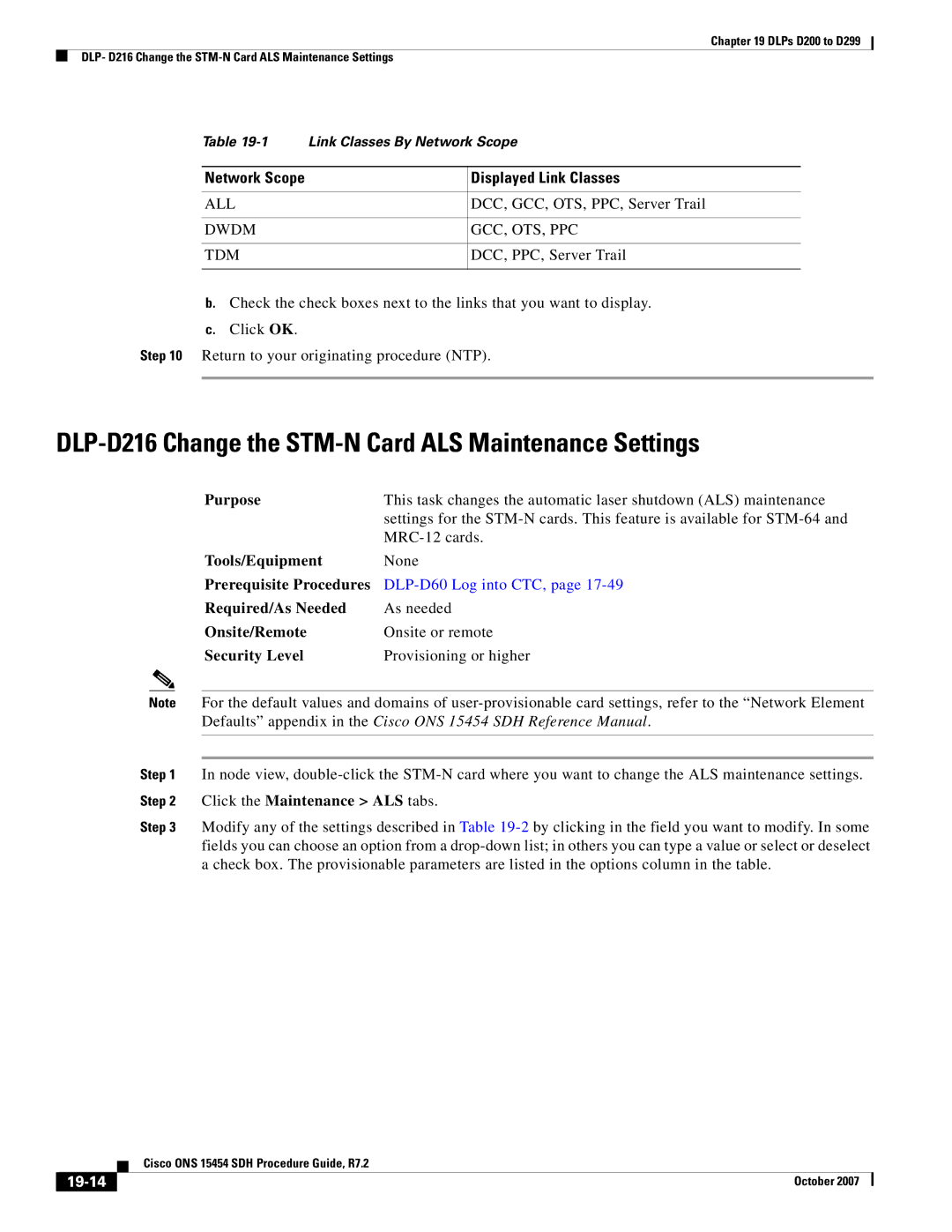 Cisco Systems D200 manual DLP-D216 Change the STM-N Card ALS Maintenance Settings, 19-14 