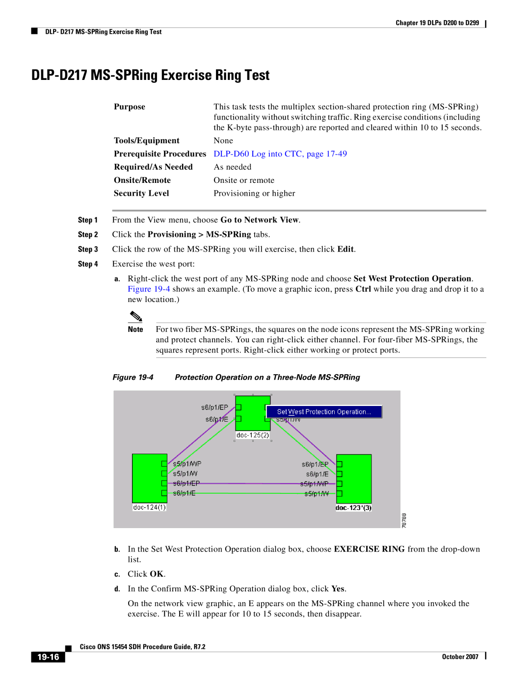 Cisco Systems D200 manual DLP-D217 MS-SPRing Exercise Ring Test, Click the Provisioning MS-SPRing tabs, 19-16 