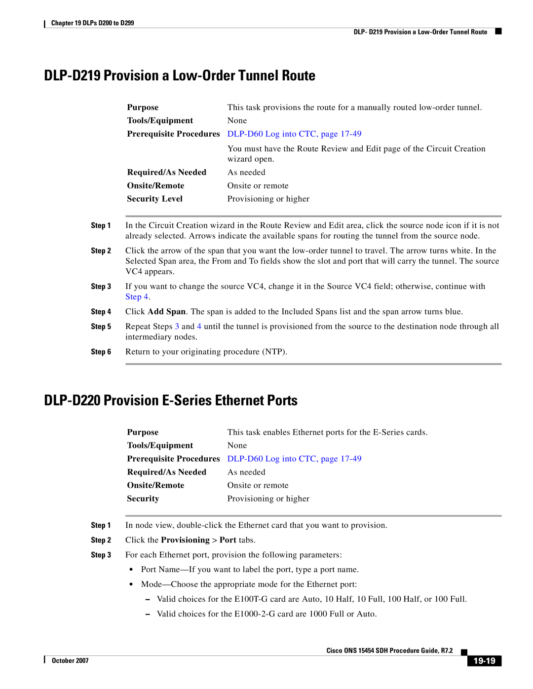 Cisco Systems D200 manual DLP-D219 Provision a Low-Order Tunnel Route, DLP-D220 Provision E-Series Ethernet Ports, Security 