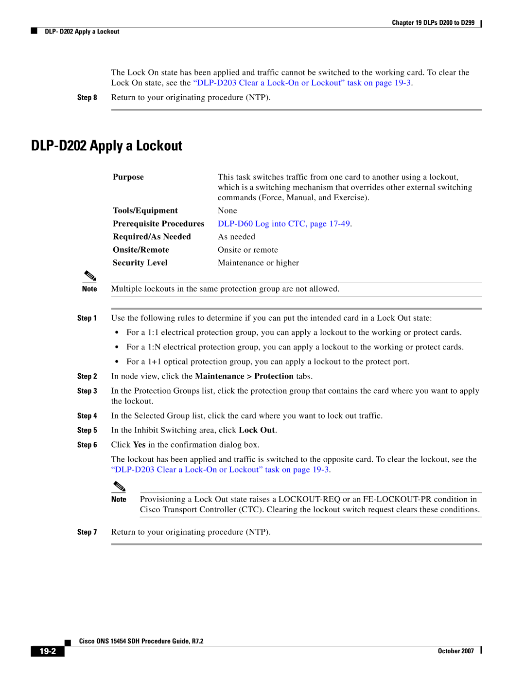 Cisco Systems D200 manual DLP-D202 Apply a Lockout, Purpose, Required/As Needed, 19-2 