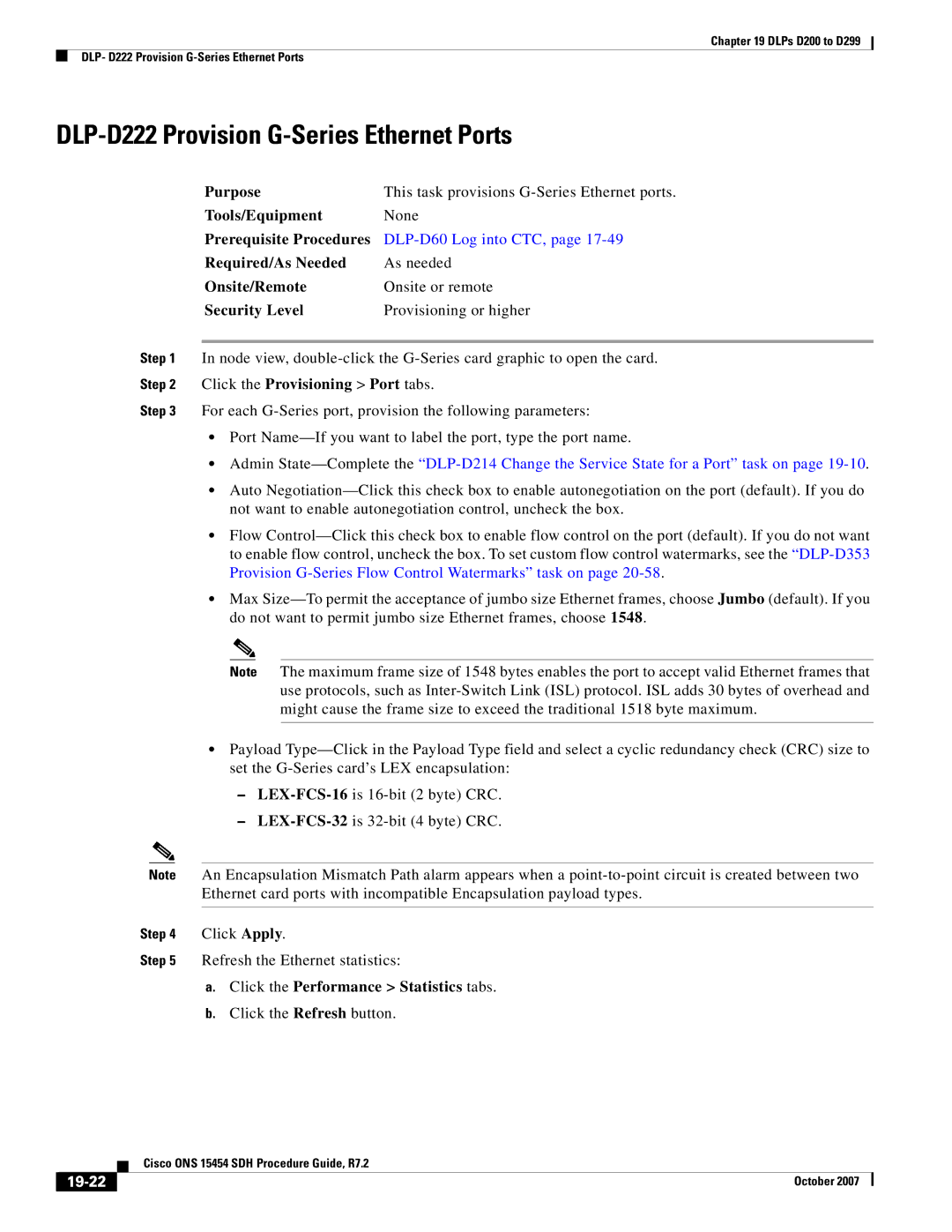 Cisco Systems D200 manual DLP-D222 Provision G-Series Ethernet Ports, Click the Performance Statistics tabs, 19-22 