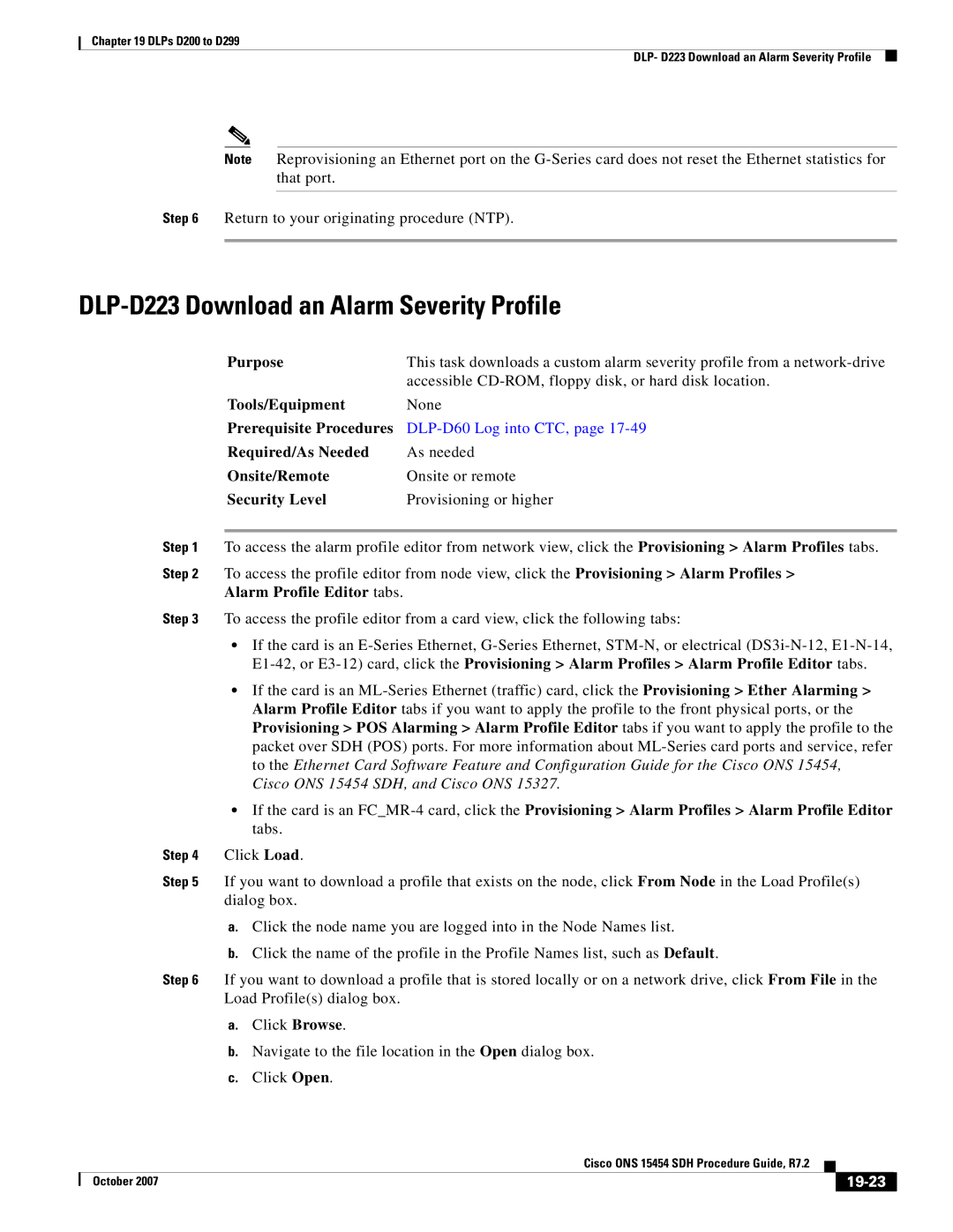 Cisco Systems D200 manual DLP-D223 Download an Alarm Severity Profile, 19-23 