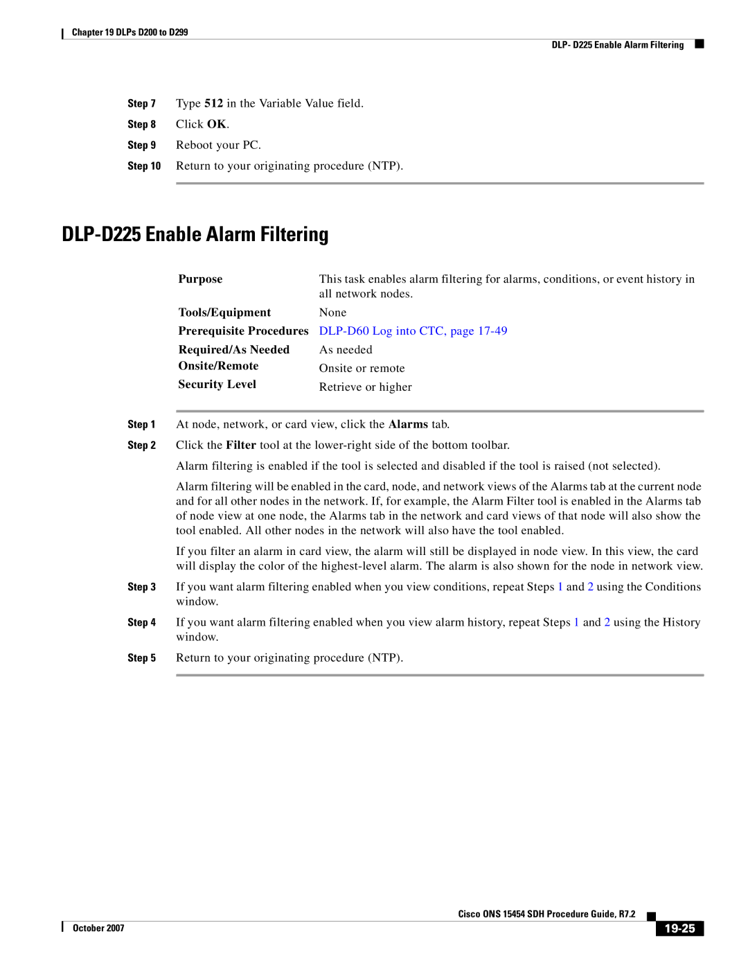 Cisco Systems D200 manual DLP-D225 Enable Alarm Filtering, 19-25 