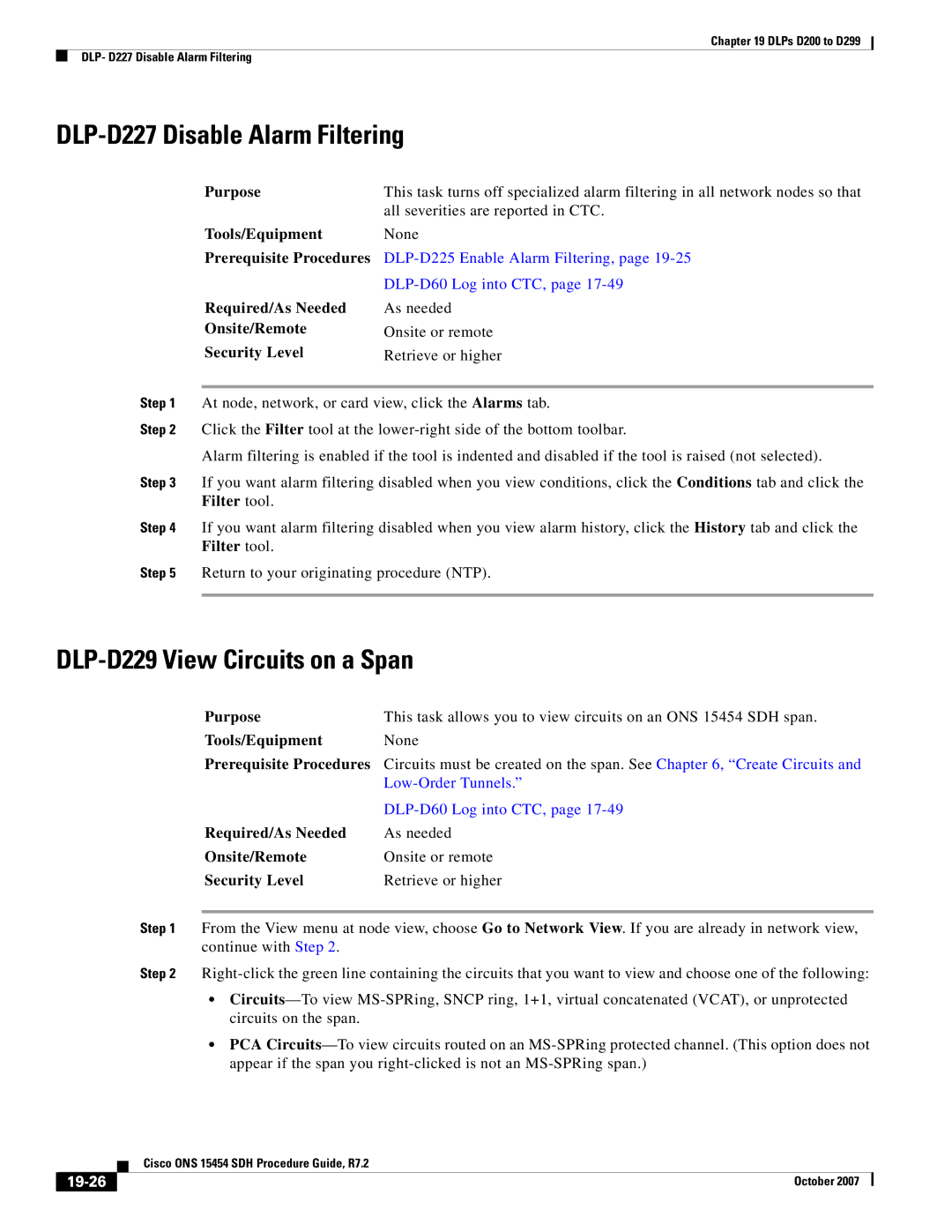 Cisco Systems D200 manual DLP-D227 Disable Alarm Filtering, DLP-D229 View Circuits on a Span, 19-26 