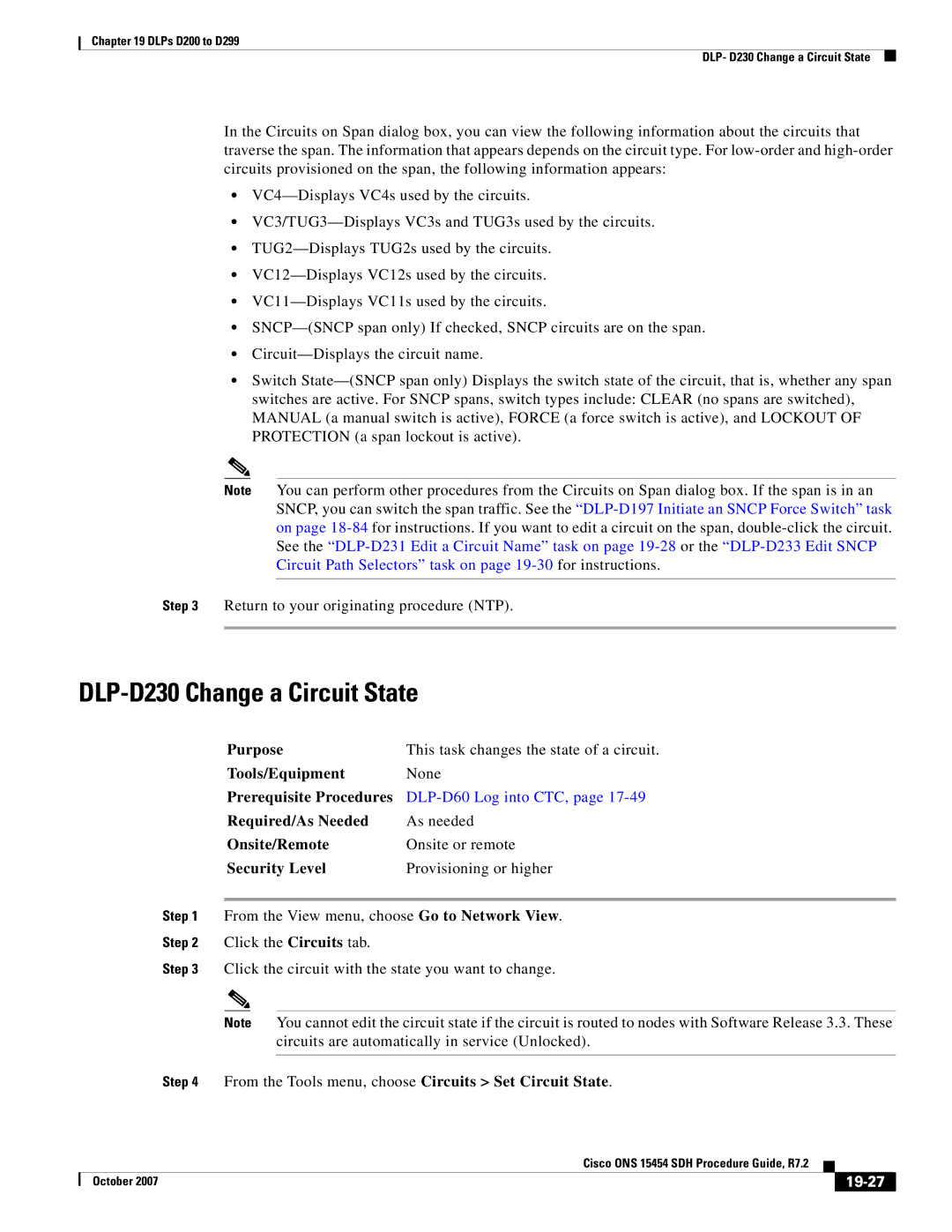 Cisco Systems D200 manual DLP-D230 Change a Circuit State, 19-27 