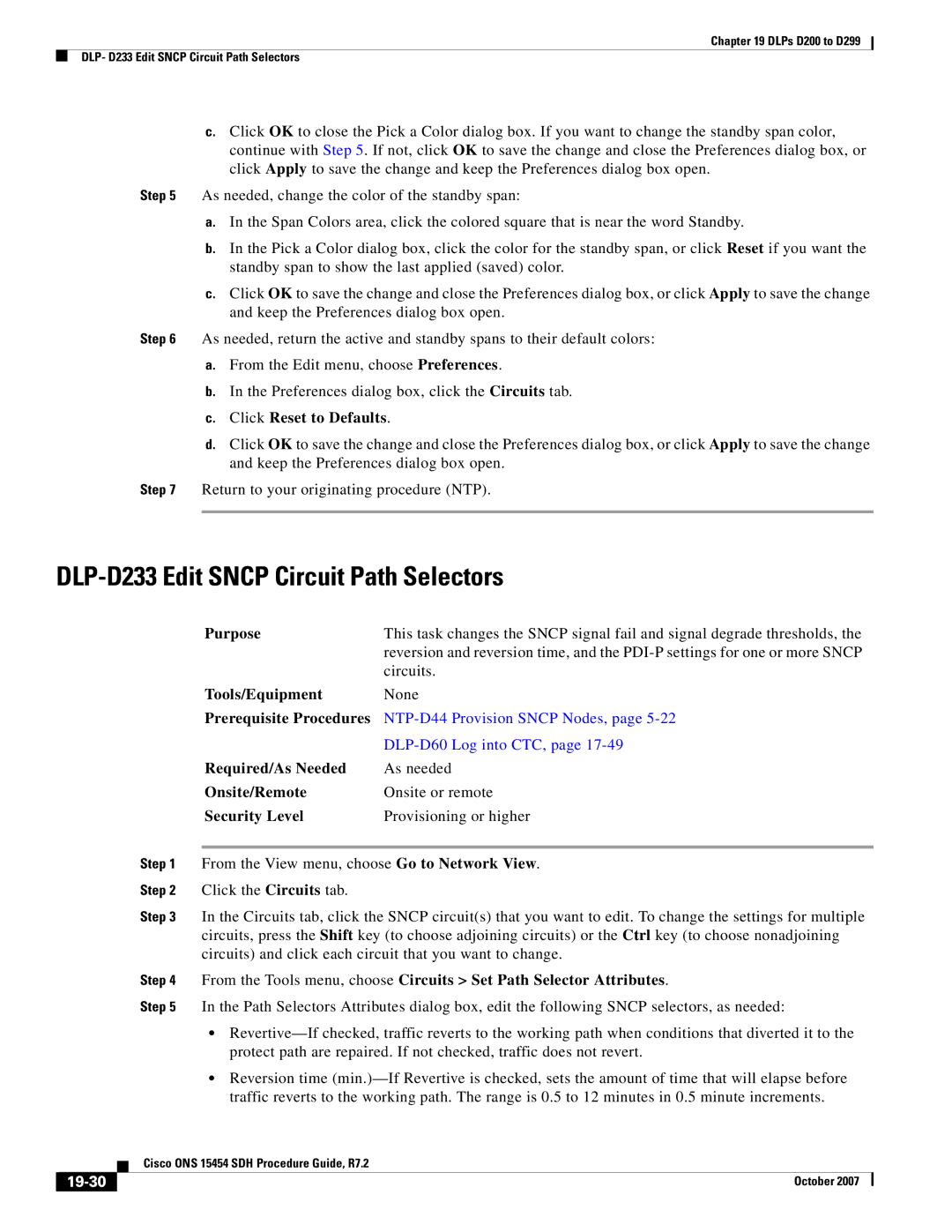 Cisco Systems D200 manual DLP-D233 Edit Sncp Circuit Path Selectors, Click Reset to Defaults, 19-30 