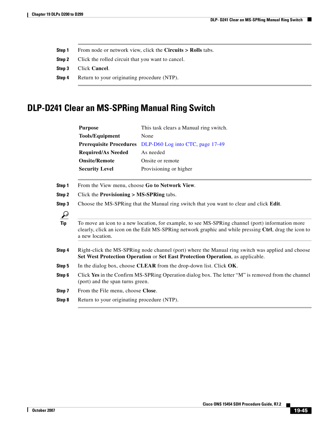 Cisco Systems D200 manual DLP-D241 Clear an MS-SPRing Manual Ring Switch, 19-45 