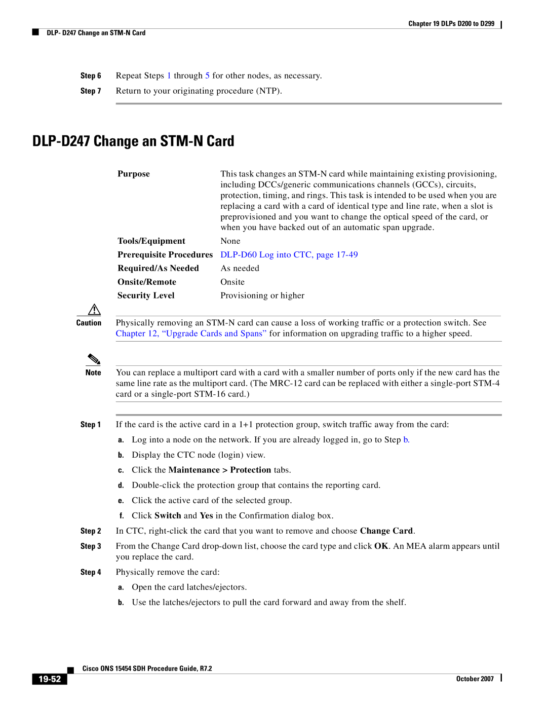 Cisco Systems D200 manual DLP-D247 Change an STM-N Card, Click the Maintenance Protection tabs, 19-52 