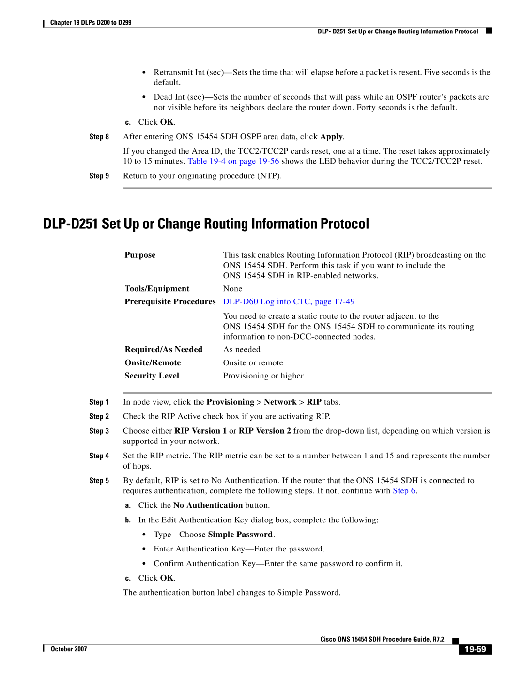 Cisco Systems D200 manual DLP-D251 Set Up or Change Routing Information Protocol, 19-59 