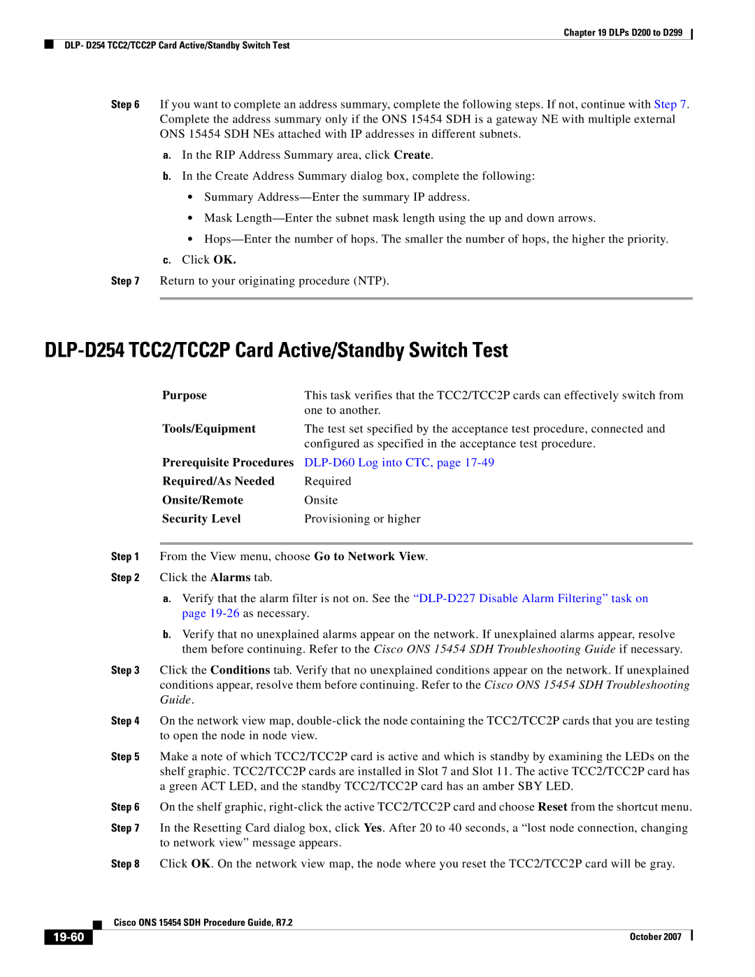 Cisco Systems D200 manual DLP-D254 TCC2/TCC2P Card Active/Standby Switch Test, 19-60 