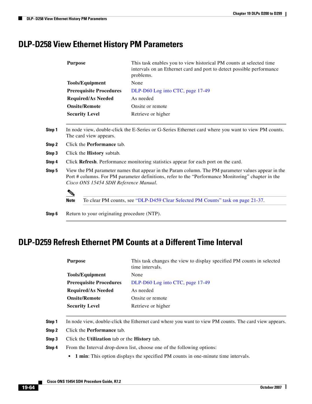 Cisco Systems D200 manual DLP-D258 View Ethernet History PM Parameters, 19-64 