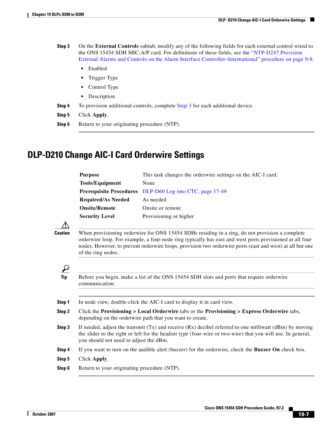 Cisco Systems D200 manual DLP-D210 Change AIC-I Card Orderwire Settings, 19-7 