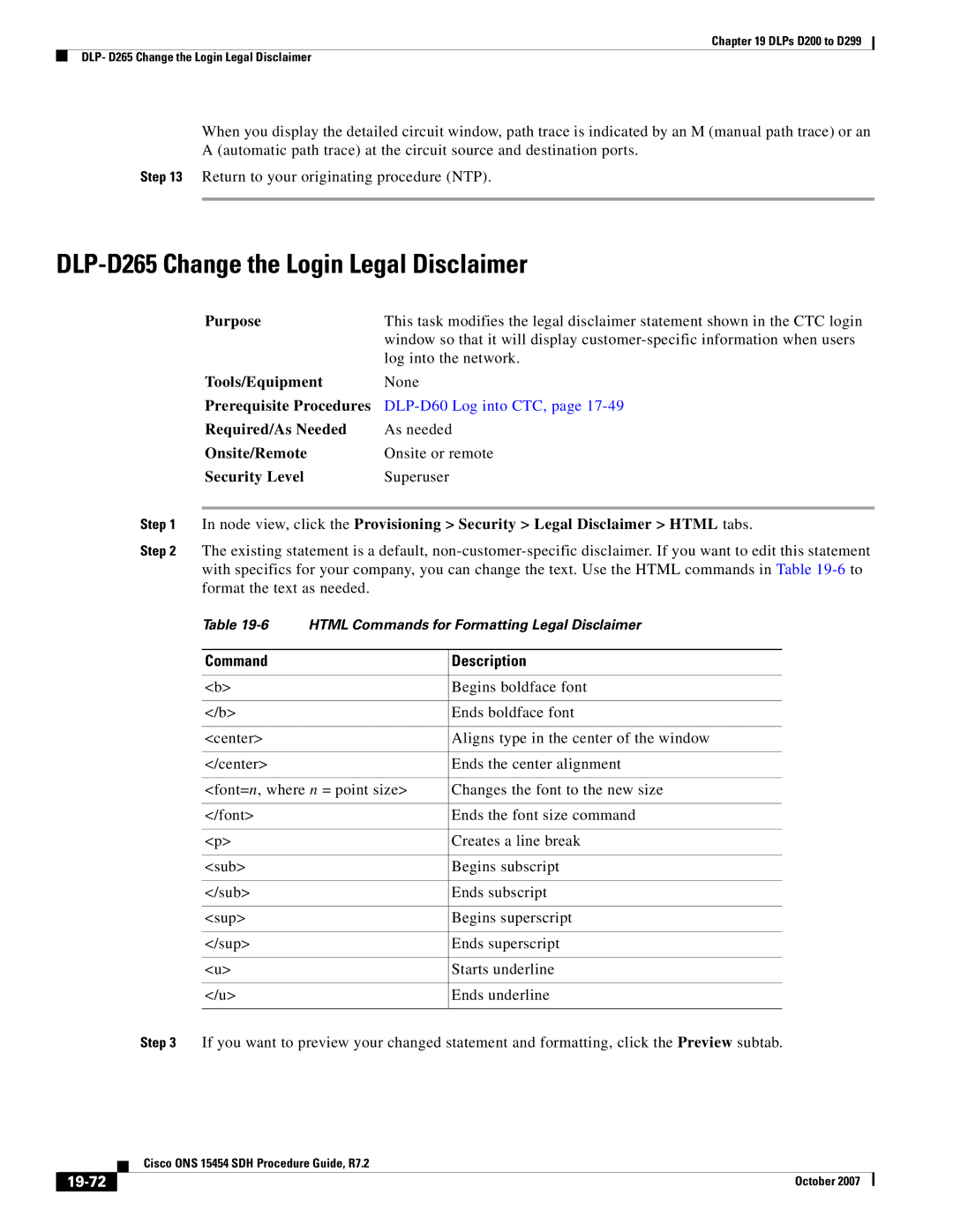 Cisco Systems D200 manual DLP-D265 Change the Login Legal Disclaimer, 19-72 