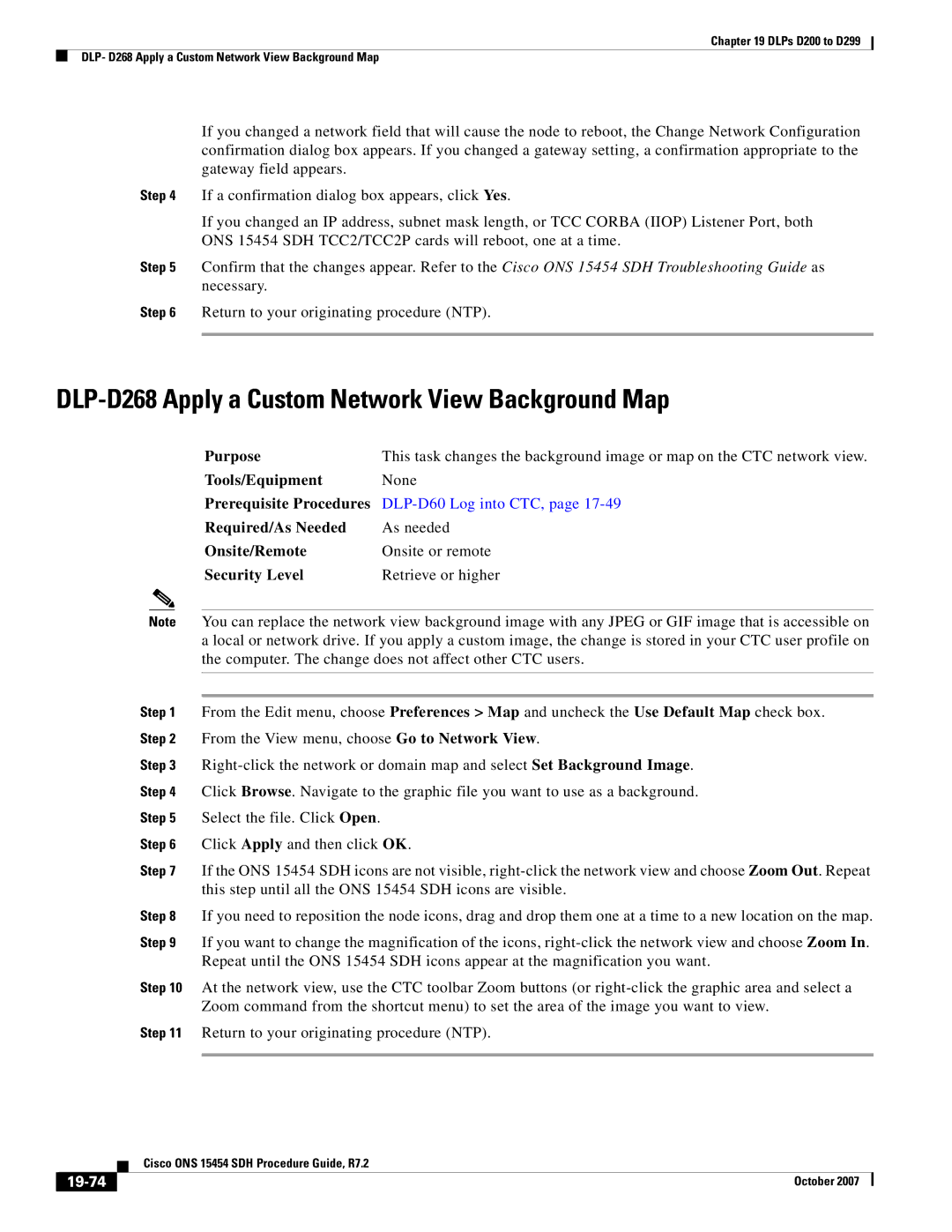 Cisco Systems D200 manual DLP-D268 Apply a Custom Network View Background Map, 19-74 