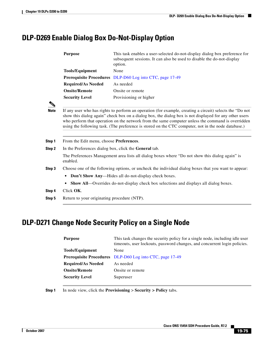 Cisco Systems D200 DLP-D269 Enable Dialog Box Do-Not-Display Option, DLP-D271 Change Node Security Policy on a Single Node 